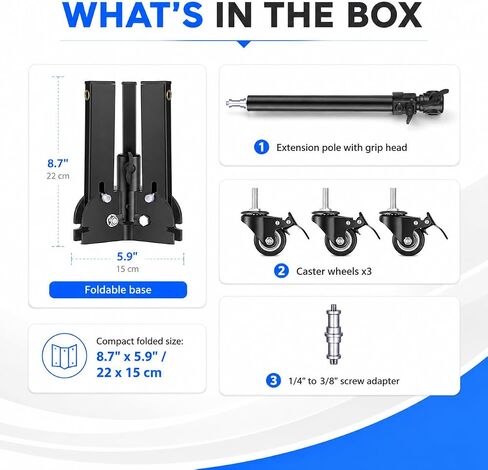 7.8"-28" Low Base Rolling Light Stand with Wheels | Heavy-duty rolling floor stand with 7.8"-28" height adjustment, 10kg load capacity, and 3-way mounting options. in Kuwait
