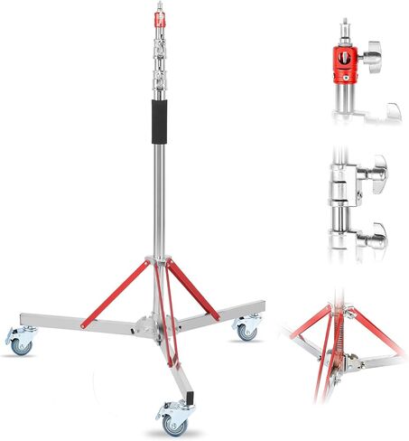 Heavy Duty Light Stand with Caster, 10.5ft Stainless Steel Tripod Stand | Adjustable Photography Light Stand with Wheels for Photography Studio Softbox, Monolight, Reflector - 20kg/44lb Capacity in Kuwait