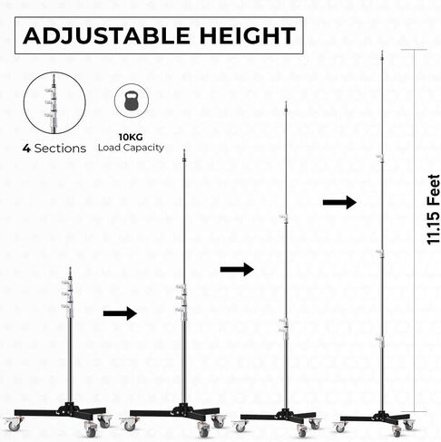 Baby Folder Roller 3-Stage Light Stand, 11' Working Height, 22 lb Load Capacity, 5/8" Baby Pin Mount, Folding Legs, 3" Locking Casters for Studio Lighting in Kuwait