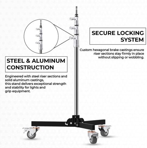 Baby Folder Roller 3-Stage Light Stand, 11' Working Height, 22 lb Load Capacity, 5/8" Baby Pin Mount, Folding Legs, 3" Locking Casters for Studio Lighting in Kuwait