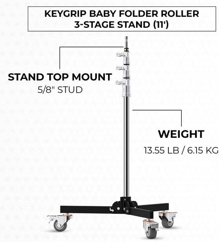 Baby Folder Roller 3-Stage Light Stand, 11' Working Height, 22 lb Load Capacity, 5/8" Baby Pin Mount, Folding Legs, 3" Locking Casters for Studio Lighting in Kuwait