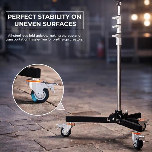 Baby Folder Roller 3-Stage Light Stand, 11' Working Height, 22 lb Load Capacity, 5/8" Baby Pin Mount, Folding Legs, 3" Locking Casters for Studio Lighting in Kuwait