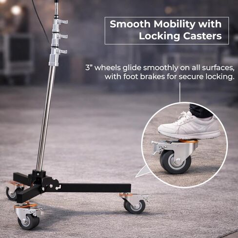 Baby Folder Roller 3-Stage Light Stand, 11' Working Height, 22 lb Load Capacity, 5/8" Baby Pin Mount, Folding Legs, 3" Locking Casters for Studio Lighting in Kuwait