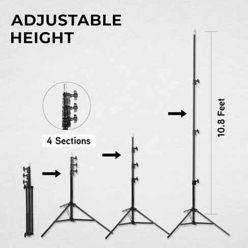 Light Stand, 10.8' Maximum Height, Aluminum Lighting Support, 20 lb Load Capacity, 5/8" Stud Mount, Adjustable 4-Section Design w/ 3 Risers for Photo Video Studio Lighting in Kuwait
