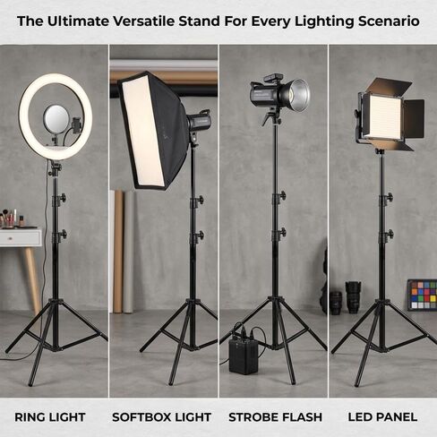 Light Stand, 10.8' Maximum Height, Aluminum Lighting Support, 20 lb Load Capacity, 5/8" Stud Mount, Adjustable 4-Section Design w/ 3 Risers for Photo Video Studio Lighting in Kuwait