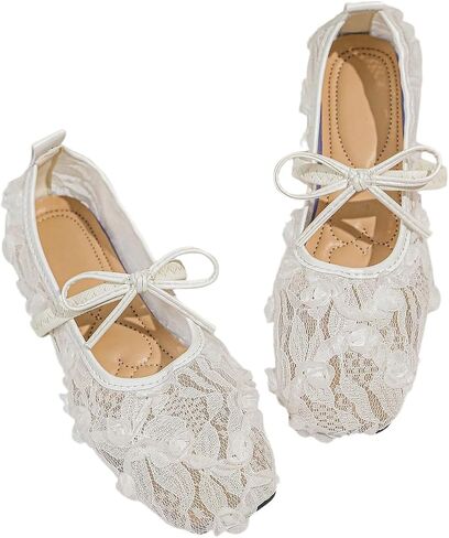 Floerns Women's Lace Mesh Ballet Flat Square Toe Ballerina Slip on Bow Dress Shoes in Kuwait