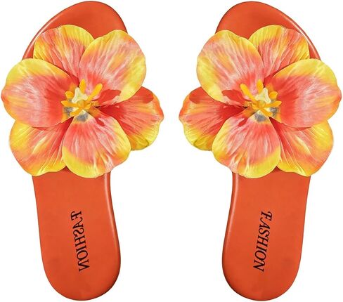 RoseSeek Women's 3D Floral Flat Slip on Sandals Open Toe Flat Sandals Beach Flats Dressy Summer Shoes in Kuwait