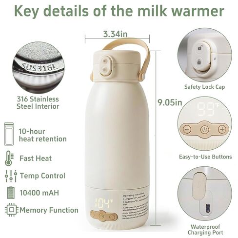 Portable Bottle Warmer for Travel, Fast Heating Milk Warmer On The Go,Temp Control 95°F -131°F,17 OZ Water Warmer for Breast Milk,Long-Lasting Keep Warm Function in Kuwait