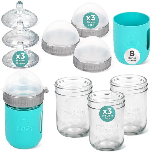 Mason Bottle 8oz Baby Glass Bottle Gift Set 3-Pack Complete Baby Bottle Kit | 3x Anti-Colic 8oz Glass Bottles, Slow Flow Nipples & Caps+Rings, 1x Silicone Sleeve, BPA-Free, Non-Toxic, Breastmilk Bottles in Kuwait