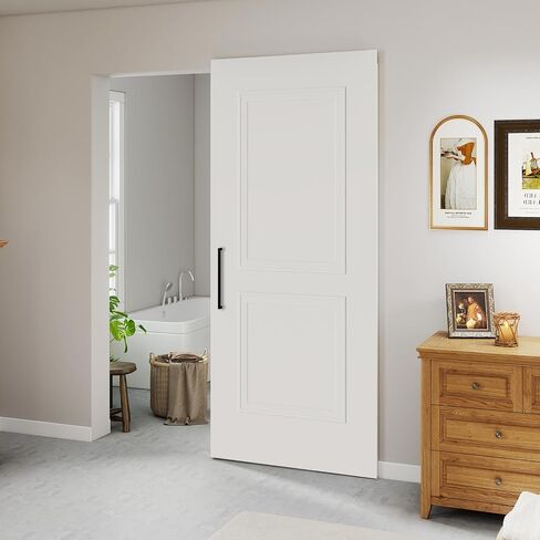 BarnSmith 36"x84" Concealed Sliding Barn Door with Soft Close Hardware Kits, White Primed Solid Core Hidden Door for Opening 32"-34"x80", 2 Flat Panel with 2 Steps, Matte Black Handles Included in Kuwait