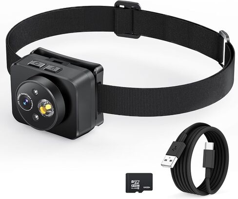 Head-Mounted Camera, LED Headlamp, 1080P HD Action Camera, Wearable Video Recording, 64GB Internal Storage, Suitable for Nighttime Outdoor Activities Such as Electricians, Cycling, and Fishing in Kuwait