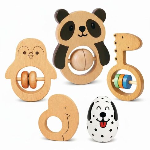 Wooden Baby Rattle Set (5pcs) – Montessori Infant Grasping Toys for 0-12 Months, Natural Non-Toxic Sensory Development Toy, Eco-Friendly Shaker Organic Baby Shower Gift for Boys & Girls in Kuwait