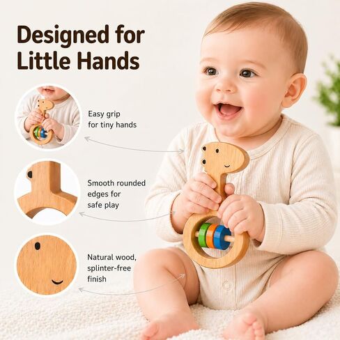 Wooden Baby Rattle Set (5pcs) – Montessori Infant Grasping Toys for 0-12 Months, Natural Non-Toxic Sensory Development Toy, Eco-Friendly Shaker Organic Baby Shower Gift for Boys & Girls in Kuwait