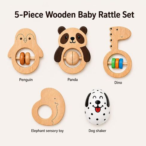Wooden Baby Rattle Set (5pcs) – Montessori Infant Grasping Toys for 0-12 Months, Natural Non-Toxic Sensory Development Toy, Eco-Friendly Shaker Organic Baby Shower Gift for Boys & Girls in Kuwait