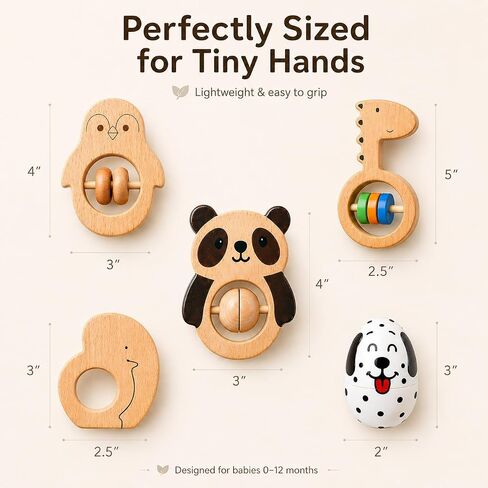 Wooden Baby Rattle Set (5pcs) – Montessori Infant Grasping Toys for 0-12 Months, Natural Non-Toxic Sensory Development Toy, Eco-Friendly Shaker Organic Baby Shower Gift for Boys & Girls in Kuwait
