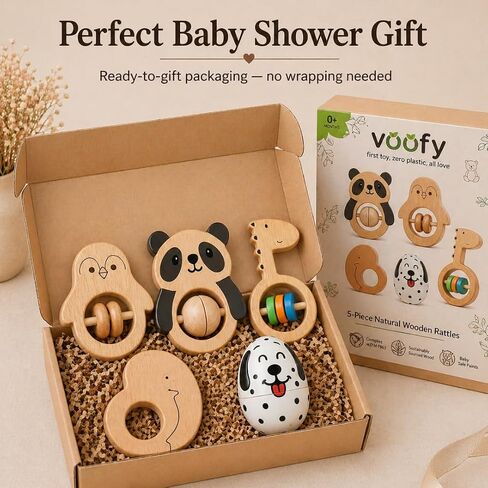 Wooden Baby Rattle Set (5pcs) – Montessori Infant Grasping Toys for 0-12 Months, Natural Non-Toxic Sensory Development Toy, Eco-Friendly Shaker Organic Baby Shower Gift for Boys & Girls in Kuwait