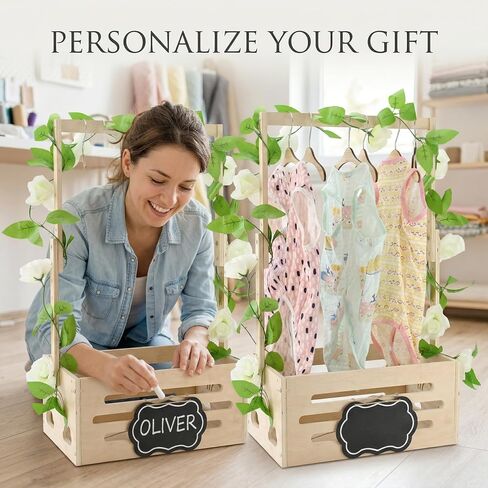 Wooden Baby Shower Crate Closet - Personalized Baby Gift Baskets with Handle, New Born Baby Girl Boy Crate Box for Baby Shower for New Mom Parents in Kuwait
