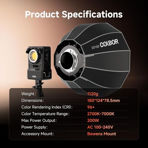 COLBOR 200W LED Video Light, Built-in Power Adapter Design, Bi-Color 2700K-7000K COB Studio Light with Bowens Mount, CRI 96+, Key Light for Live Streaming, Video Recording, YouTube, TikTok in Kuwait