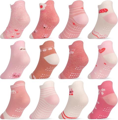 Tphon Toddler Girls Socks with Grips Baby Anti Slip Ankle Socks 12 Pairs Kids Cute Cartoon Patterns Sock for 6M-7Years in Kuwait