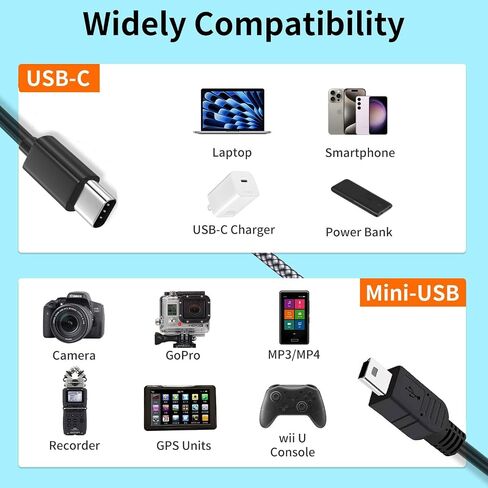 USB-C to Mini USB Cable,Digital Camera Charger Data Transfer Cord | Photo & Video Sync Cable, iPhone 15, Mac & PC, Canon EOS Rebel T7 T6 T5i PowerShot, Nikon DSLR D90 D610 in Kuwait