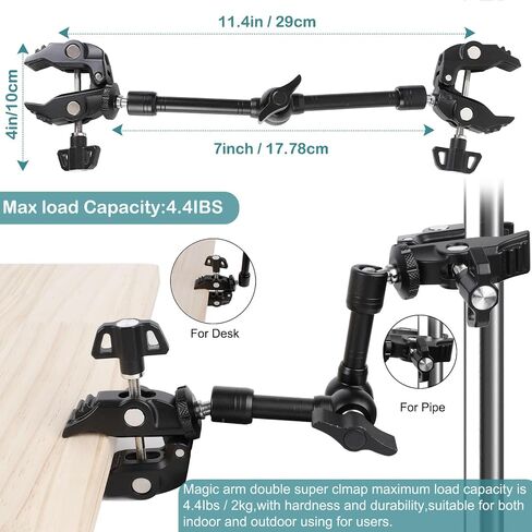 PellKing Magic Arm Clamp Kit, 7‘’ Camera Mount Articulating Friction Arm w 2 Pcs Super Clamp, w 1/4"-20 Screw and Thread Hole, for Umbrella,Camera, Light, Monitor, Webcam or Action Camera 2kg in Kuwait