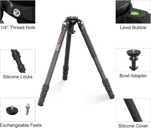 EVUMO XT7C Carbon Fiber Tripod with Bowl and Leveling Base Adapter, 63" Heavy Duty Professional Carbon Tripod Stand for Camera, Camcorder, Telephoto Lens, 10-Layer 32mm Carbon Tube, Max Load 44lb/20kg in Kuwait