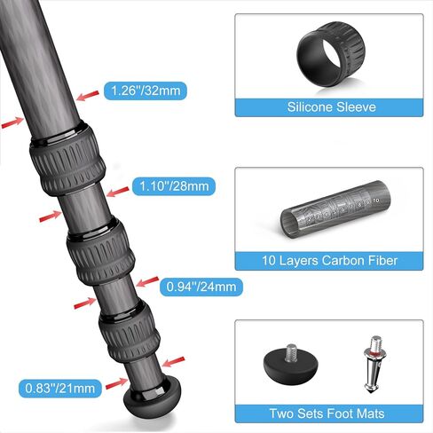 EVUMO XT7C Carbon Fiber Tripod with Bowl and Leveling Base Adapter, 63" Heavy Duty Professional Carbon Tripod Stand for Camera, Camcorder, Telephoto Lens, 10-Layer 32mm Carbon Tube, Max Load 44lb/20kg in Kuwait