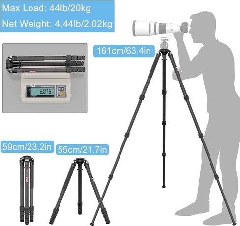 EVUMO XT7C Carbon Fiber Tripod with Bowl and Leveling Base Adapter, 63" Heavy Duty Professional Carbon Tripod Stand for Camera, Camcorder, Telephoto Lens, 10-Layer 32mm Carbon Tube, Max Load 44lb/20kg in Kuwait