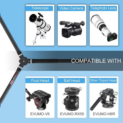 EVUMO XT7C Carbon Fiber Tripod with Bowl and Leveling Base Adapter, 63" Heavy Duty Professional Carbon Tripod Stand for Camera, Camcorder, Telephoto Lens, 10-Layer 32mm Carbon Tube, Max Load 44lb/20kg in Kuwait