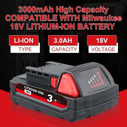 3.0Ah 18V 2 Pack Replacement for Milwaukee Battery 48-11-1850 | Covers 48-11-1840 48-11-1820 48-11-1828 48-11-1815 48-11-1811, lithium cells, 4-bar LED gauge, FCC CE, for drills and saws in Kuwait