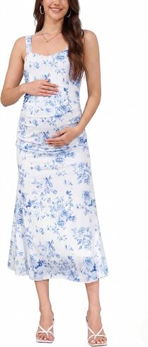guruixu Floral Mesh Maternity Photoshoot Baby Shower Dress Sleeveless Ruched Bodycon Wedding Guest Cocktail Pregnancy Dress Blue in Kuwait