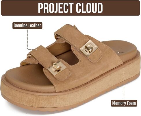 Project Cloud Platform Sandals Women Memory Foam Slides (Havana,TanSue,8) | Memory Foam Insole; Adjustable Buckle; Lightweight Design; Non-Slip Sole; Platform Slides for Women; Everyday Comfort in Kuwait