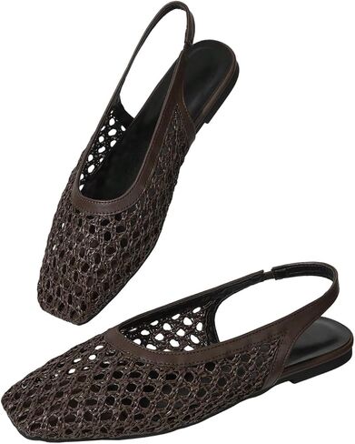 SHENHE Women's Raffia Ballet Flats Hollow Out Woven Closed Square Toe Flat Shoes with Back Strap in Kuwait