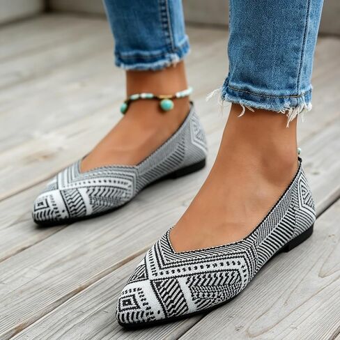 Women's Geometric Print Knit Ballet Flats, Pointed Toe Slip-On Shoes, Breathable Casual Flat Shoes for Women in Kuwait