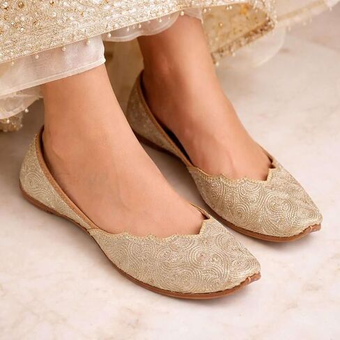 Stop n Style Gold Punjabi Jutti for Women Khussa Online Phulkari Salwar Kameez Handmade in Kuwait