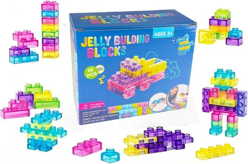 40 PCS Soft Sensory Building Blocks Jelly-Like Texture Stacking Toy | Soft gel-like blocks can be squeezed, bent, pressed, and stacked for tactile building play in Kuwait