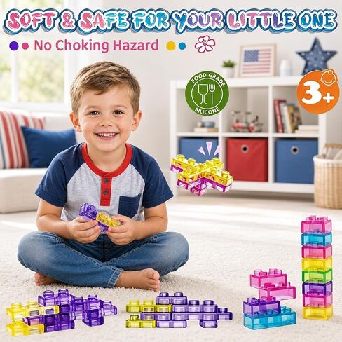 40 PCS Soft Sensory Building Blocks Jelly-Like Texture Stacking Toy | Soft gel-like blocks can be squeezed, bent, pressed, and stacked for tactile building play in Kuwait