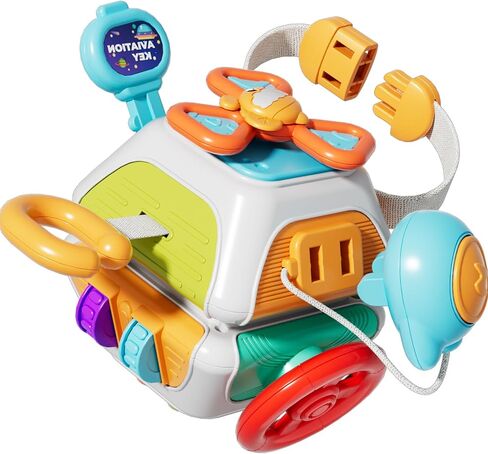 Montessori Busy Board Cube, Activity Toys for 18 Months and Up | Ten sensory activities: steering wheel, keys, gears, buttons, twist locks, spinner and more to keep kids engaged and busy. in Kuwait