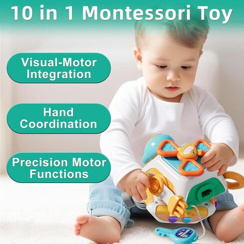 Montessori Busy Board Cube, Activity Toys for 18 Months and Up | Ten sensory activities: steering wheel, keys, gears, buttons, twist locks, spinner and more to keep kids engaged and busy. in Kuwait