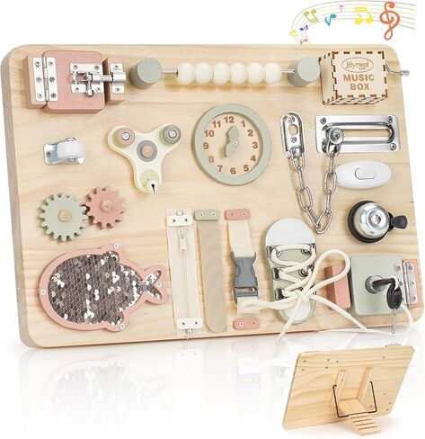 Joyreal Large Wooden Busy Board for Toddlers with Foldable Stand, 16-in-1 Montessori Sensory Toys Activity Learning Board with Music Box, Educational Gift for 1 2 3 Year Old Boys Girls in Kuwait