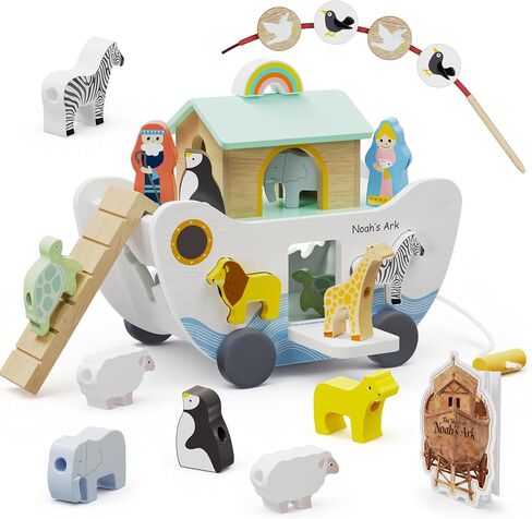 GiggleGems Noah's Ark Wooden Toy - All-in-1 Push Pull Shape Sorter for Toddlers - Montessori Animal Matching Set - Baptism Christening Gift for Birthday, Religious Toys for Boys Girls (18M+) in Kuwait