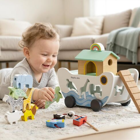 GiggleGems Noah's Ark Wooden Toy - All-in-1 Push Pull Shape Sorter for Toddlers - Montessori Animal Matching Set - Baptism Christening Gift for Birthday, Religious Toys for Boys Girls (18M+) in Kuwait