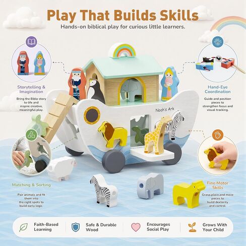 GiggleGems Noah's Ark Wooden Toy - All-in-1 Push Pull Shape Sorter for Toddlers - Montessori Animal Matching Set - Baptism Christening Gift for Birthday, Religious Toys for Boys Girls (18M+) in Kuwait