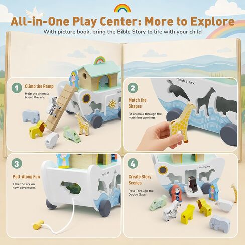 GiggleGems Noah's Ark Wooden Toy - All-in-1 Push Pull Shape Sorter for Toddlers - Montessori Animal Matching Set - Baptism Christening Gift for Birthday, Religious Toys for Boys Girls (18M+) in Kuwait