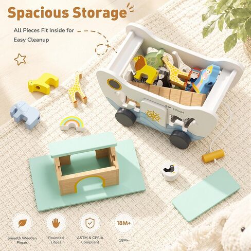 GiggleGems Noah's Ark Wooden Toy - All-in-1 Push Pull Shape Sorter for Toddlers - Montessori Animal Matching Set - Baptism Christening Gift for Birthday, Religious Toys for Boys Girls (18M+) in Kuwait