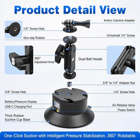 6" Electric Camera Suction Cup Mount Kit with Display, 5KG Max | 1-Week Battery for Action Camera/Phone on Car/Windshield in Kuwait