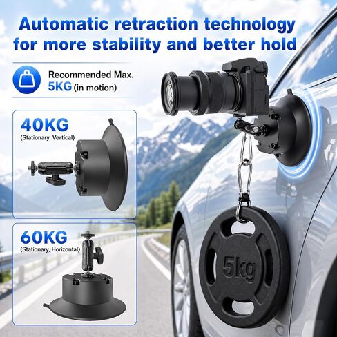6" Electric Camera Suction Cup Mount Kit with Display, 5KG Max | 1-Week Battery for Action Camera/Phone on Car/Windshield in Kuwait