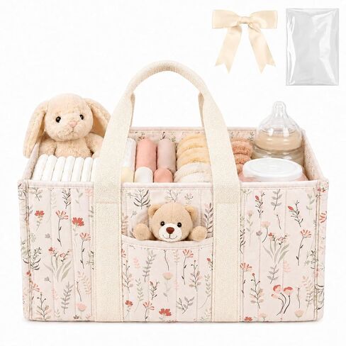 Floral Diaper Caddy Organizer, Nursery Storage Basket with Gift Bag | Portable Baby Essentials Organizer with Removable Dividers & Handle, Newborn Must Haves, Baby Shower Gifts for New Moms in Kuwait