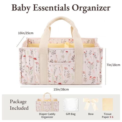 Floral Diaper Caddy Organizer, Nursery Storage Basket with Gift Bag | Portable Baby Essentials Organizer with Removable Dividers & Handle, Newborn Must Haves, Baby Shower Gifts for New Moms in Kuwait