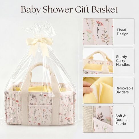 Floral Diaper Caddy Organizer, Nursery Storage Basket with Gift Bag | Portable Baby Essentials Organizer with Removable Dividers & Handle, Newborn Must Haves, Baby Shower Gifts for New Moms in Kuwait